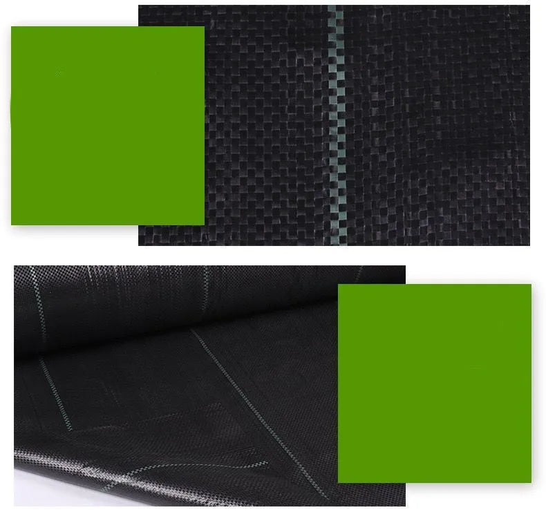 Black polyethylene composite woven weed control cloth for farmland and greenhouse use.