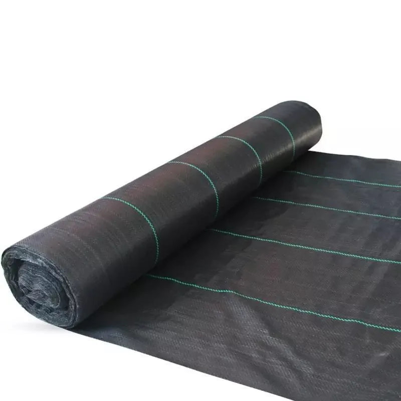 Black polyethylene composite woven weed control cloth for farmland and greenhouse use.