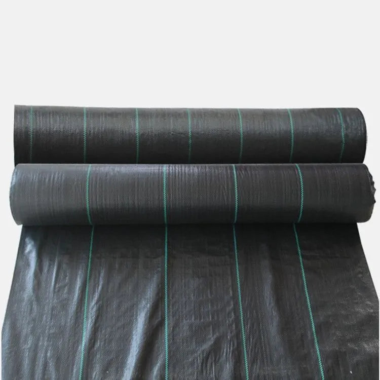 Black polyethylene composite woven weed control cloth for farmland and greenhouse use.