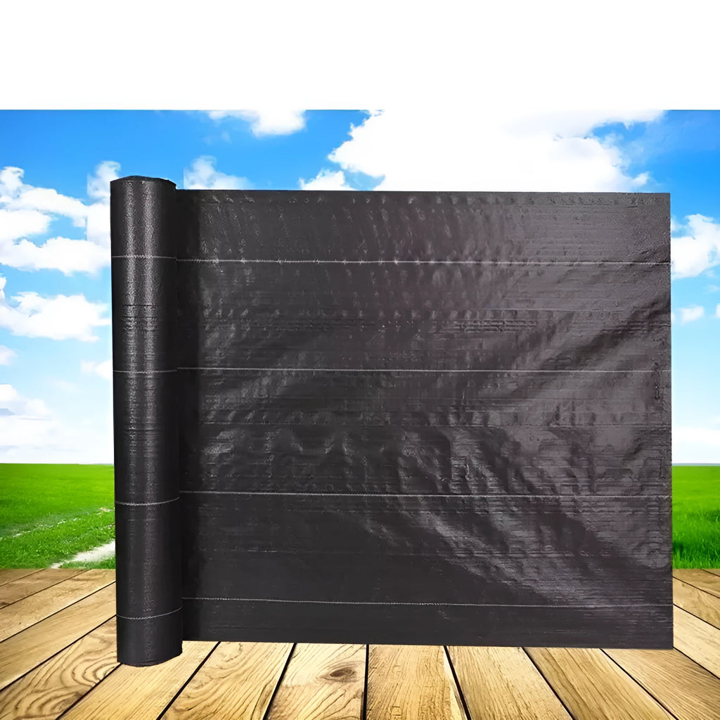 Black polyethylene composite woven weed control cloth for farmland and greenhouse use.
