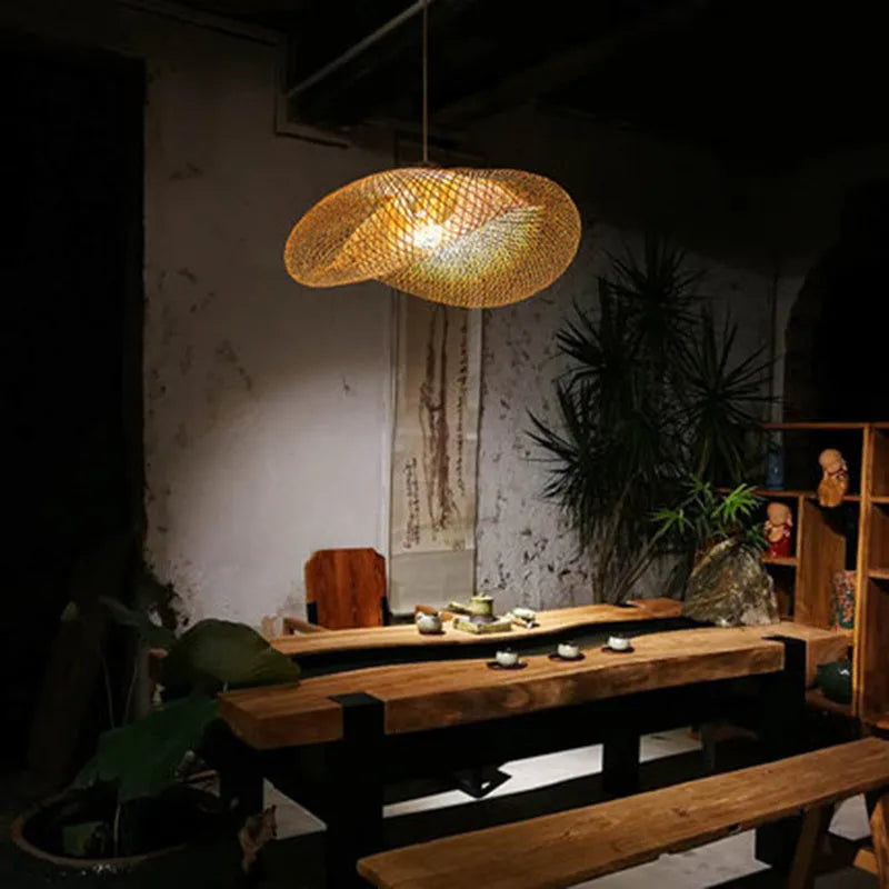 Chinese Zen style bamboo chandelier lamp with a 40cm diameter shell.