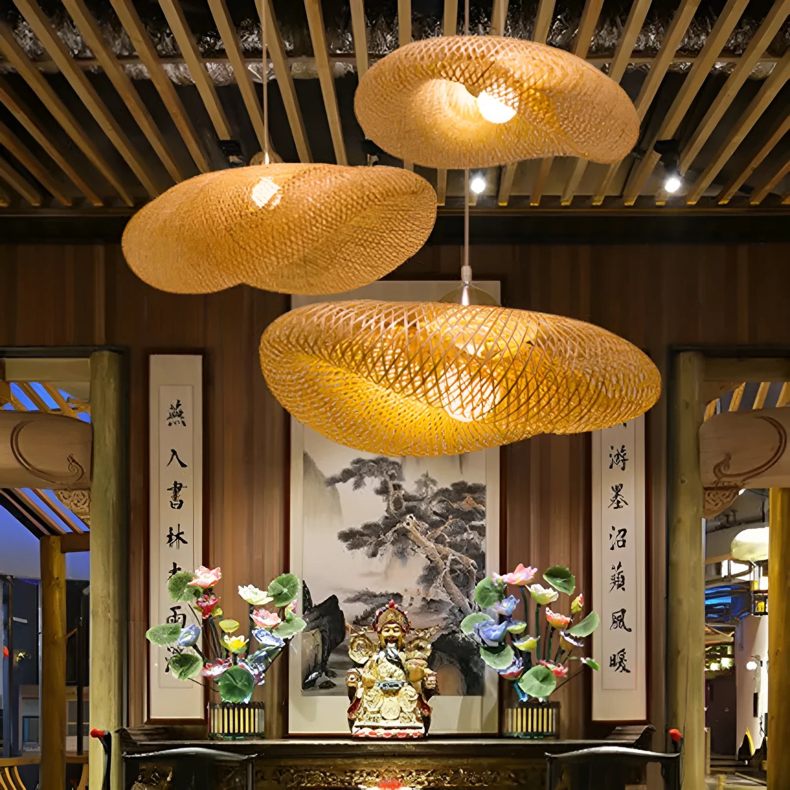Chinese Zen style bamboo chandelier lamp with a 40cm diameter shell.