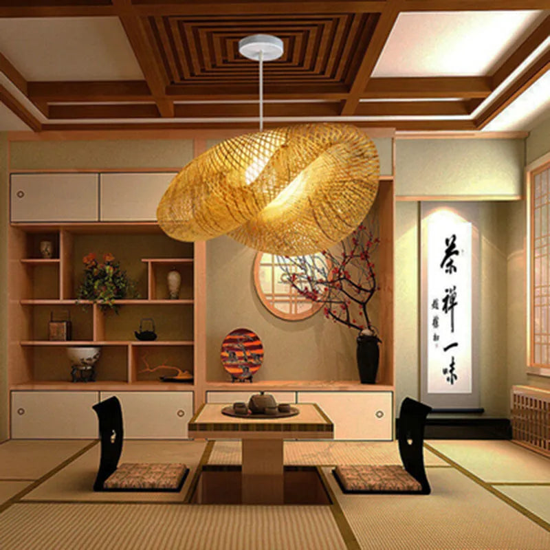 Chinese Zen style bamboo chandelier lamp with a 40cm diameter shell.