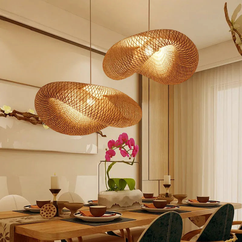 Chinese Zen style bamboo chandelier lamp with a 40cm diameter shell.