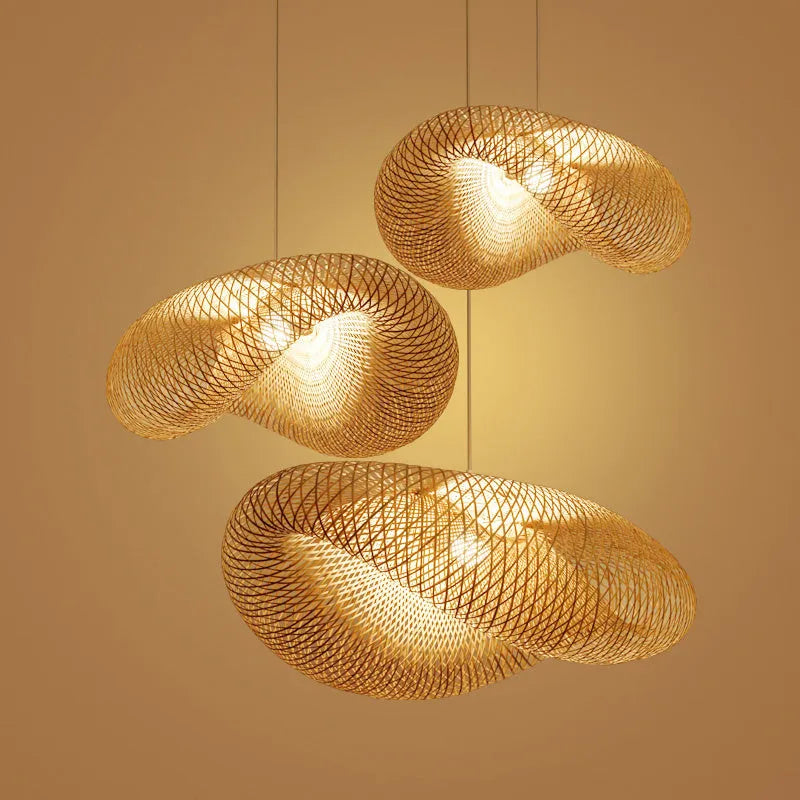 Chinese Zen style bamboo chandelier lamp with a 40cm diameter shell.