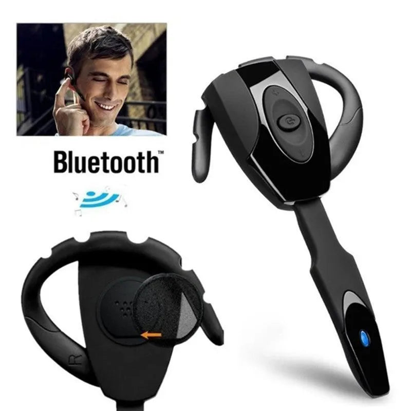 A single over-the-ear Bluetooth headset for hands-free calls, shown in various colours.