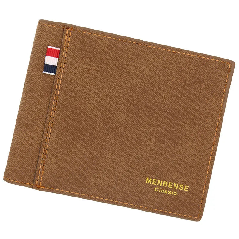 Men's fashion retro tri-fold wallet shown in black, navy blue, dark brown, and light brown colour options.