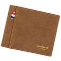 Men's fashion retro tri-fold wallet shown in black, navy blue, dark brown, and light brown colour options.