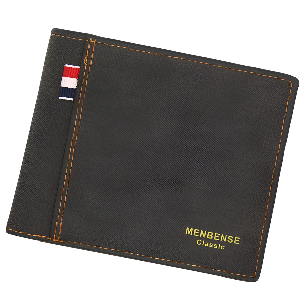 Men's fashion retro tri-fold wallet shown in black, navy blue, dark brown, and light brown colour options.