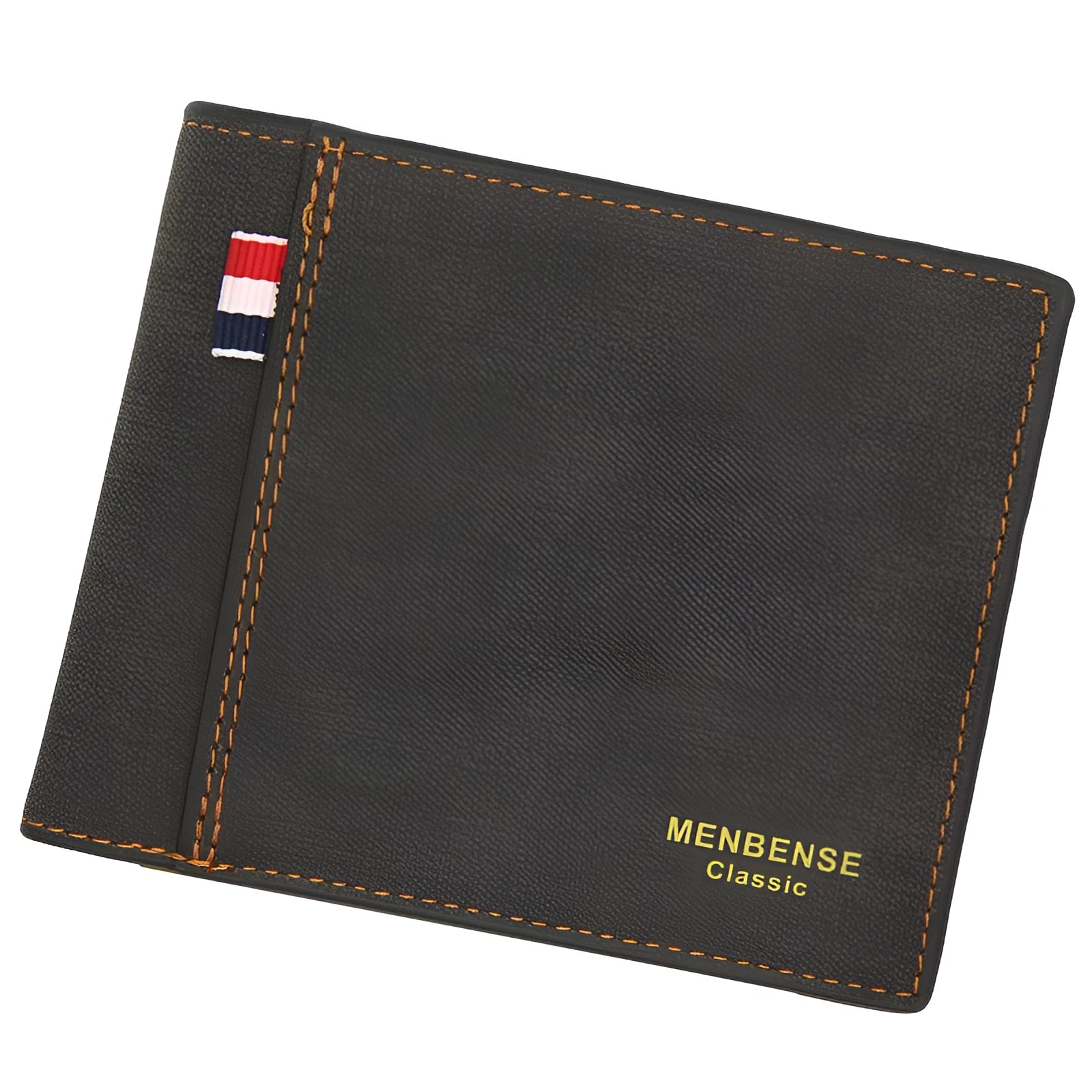 Men's fashion retro tri-fold wallet shown in black, navy blue, dark brown, and light brown colour options.