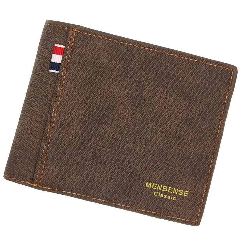 Men's fashion retro tri-fold wallet shown in black, navy blue, dark brown, and light brown colour options.