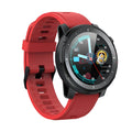 IP68 waterproof Android smart watch with 1.3-inch circular screen and silicone strap in black or red
