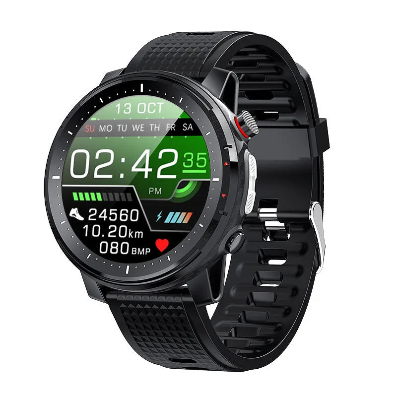 IP68 waterproof Android smart watch with 1.3-inch circular screen and silicone strap in black or red