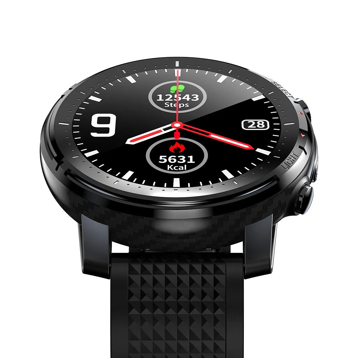 IP68 waterproof Android smart watch with 1.3-inch circular screen and silicone strap in black or red