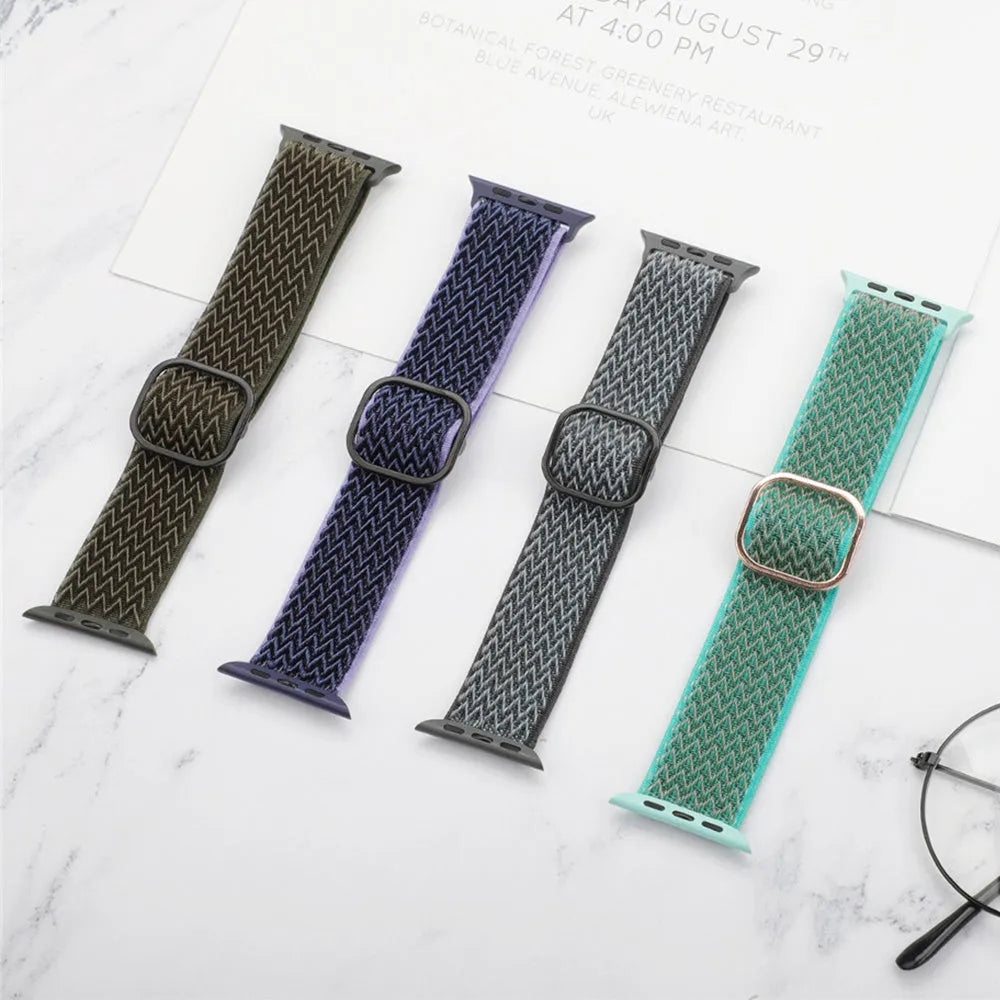 Braided nylon Apple Watch strap with wave pattern texture showing adjustable elastic design