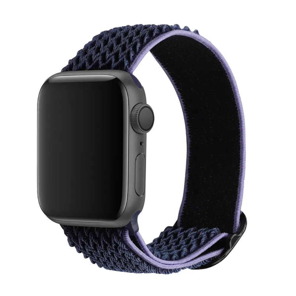 Braided nylon Apple Watch strap with wave pattern texture showing adjustable elastic design
