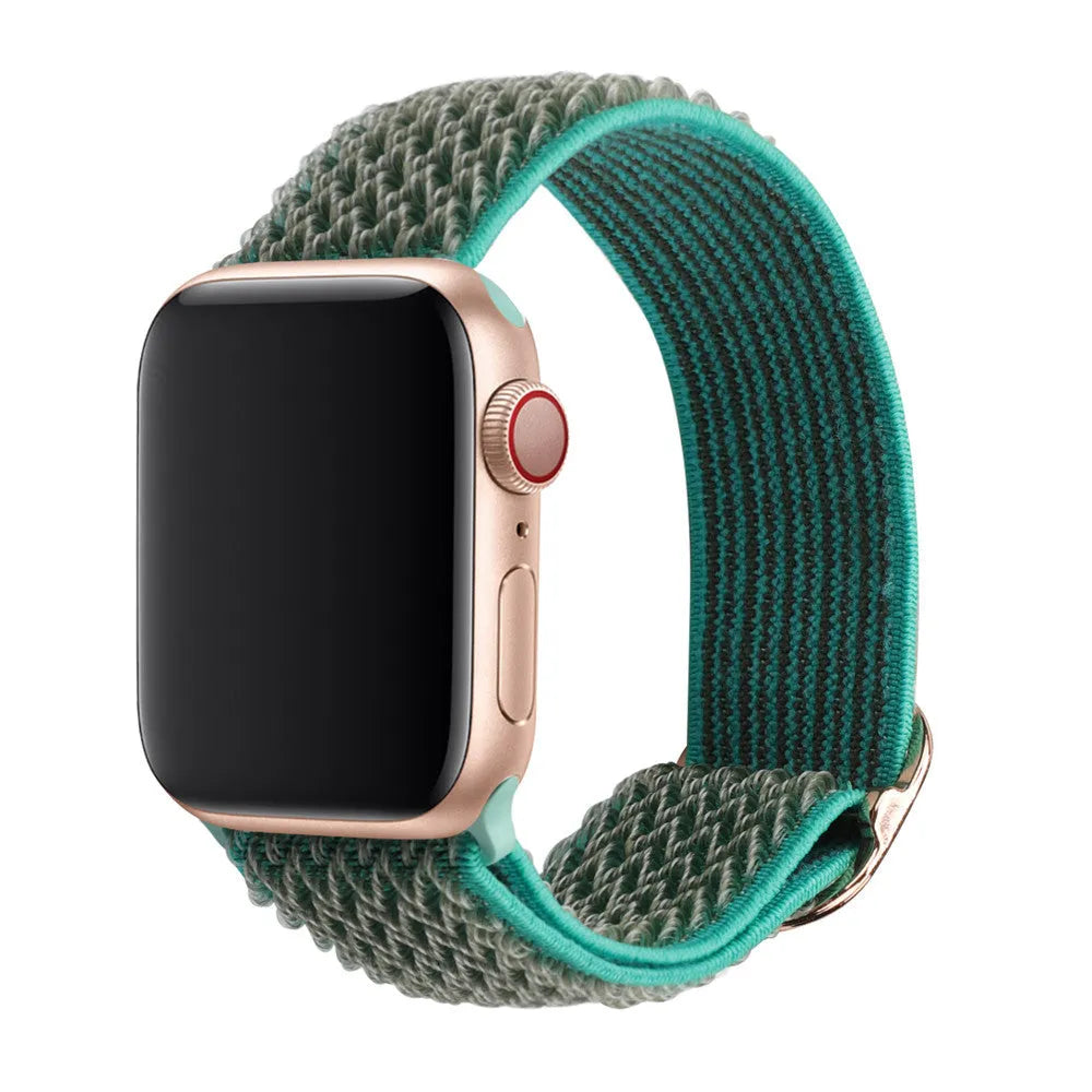 Braided nylon Apple Watch strap with wave pattern texture showing adjustable elastic design
