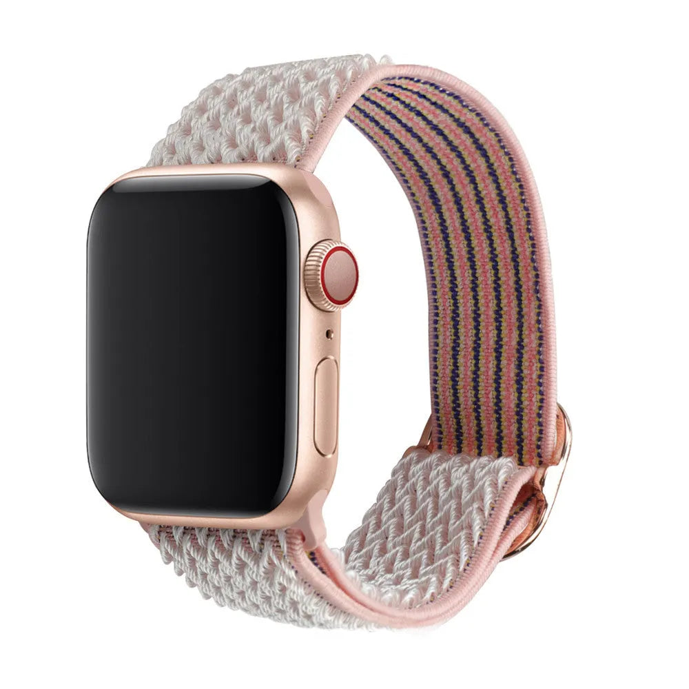 Braided nylon Apple Watch strap with wave pattern texture showing adjustable elastic design