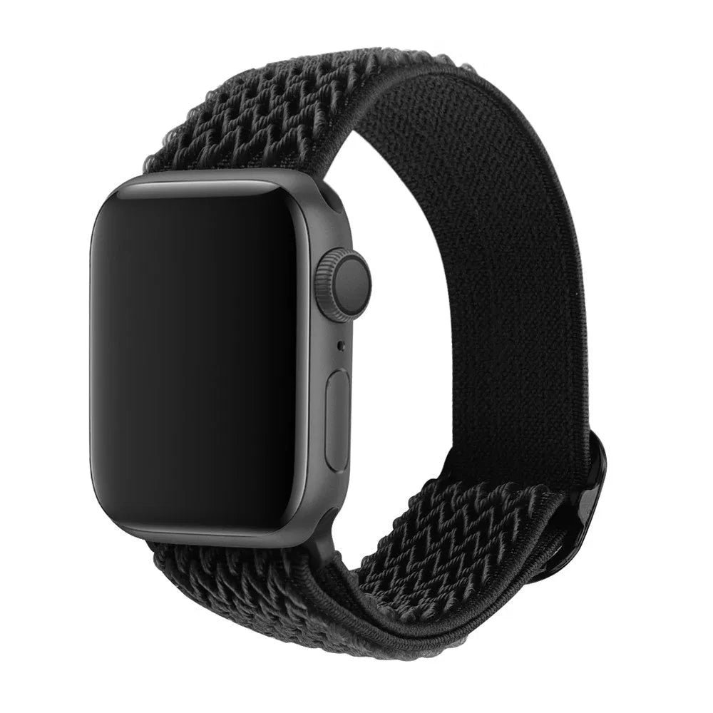 Braided nylon Apple Watch strap with wave pattern texture showing adjustable elastic design