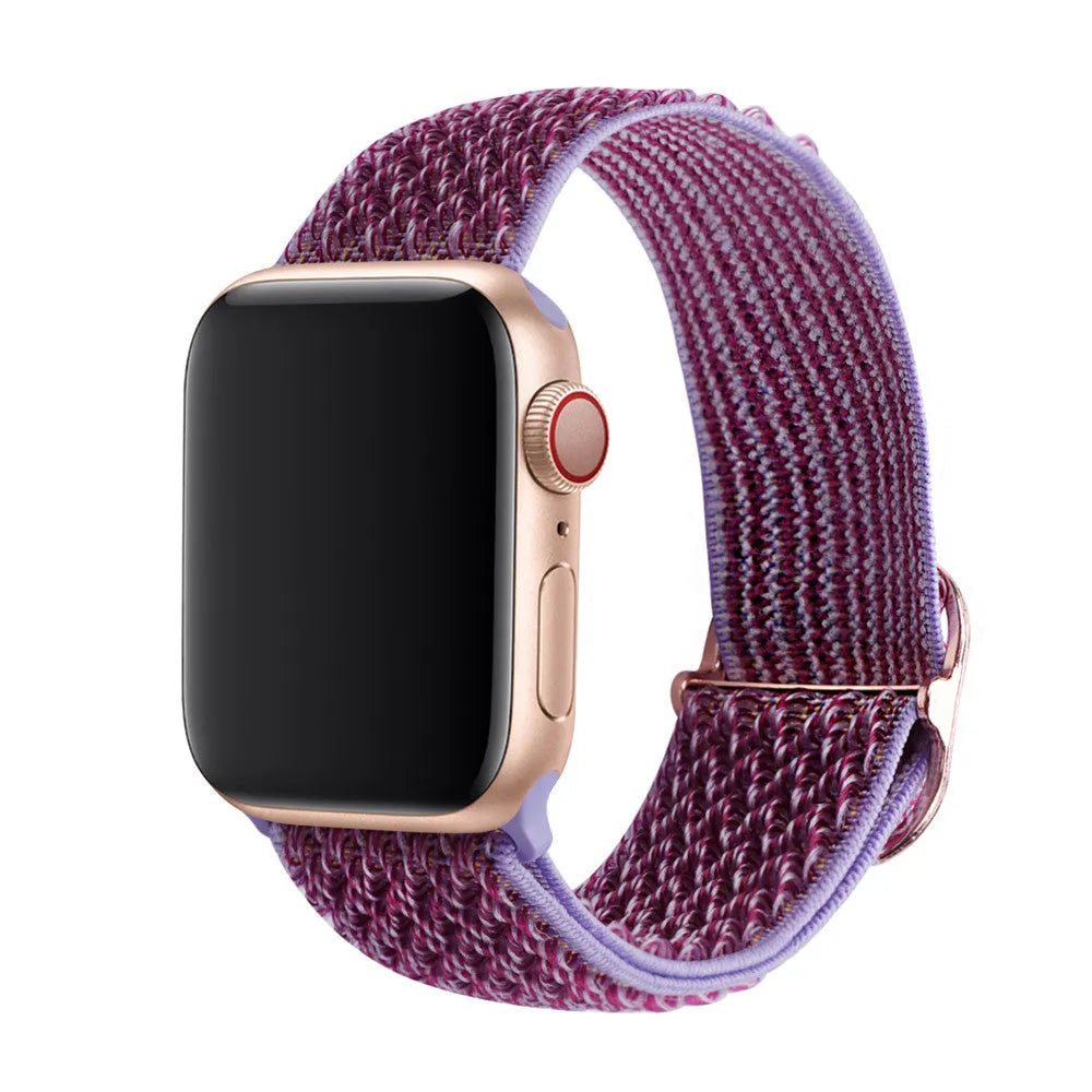 Braided nylon Apple Watch strap with wave pattern texture showing adjustable elastic design