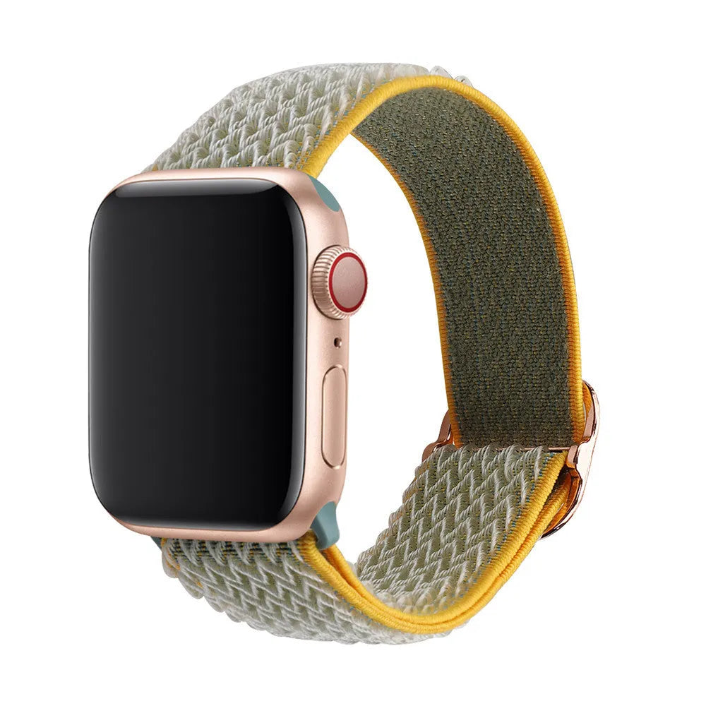 Braided nylon Apple Watch strap with wave pattern texture showing adjustable elastic design