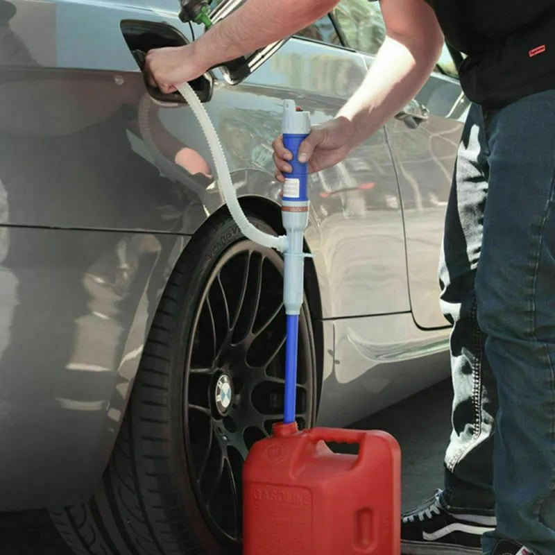 Manual hand pump siphon for fuel oil gasoline transfer in blue or red colours