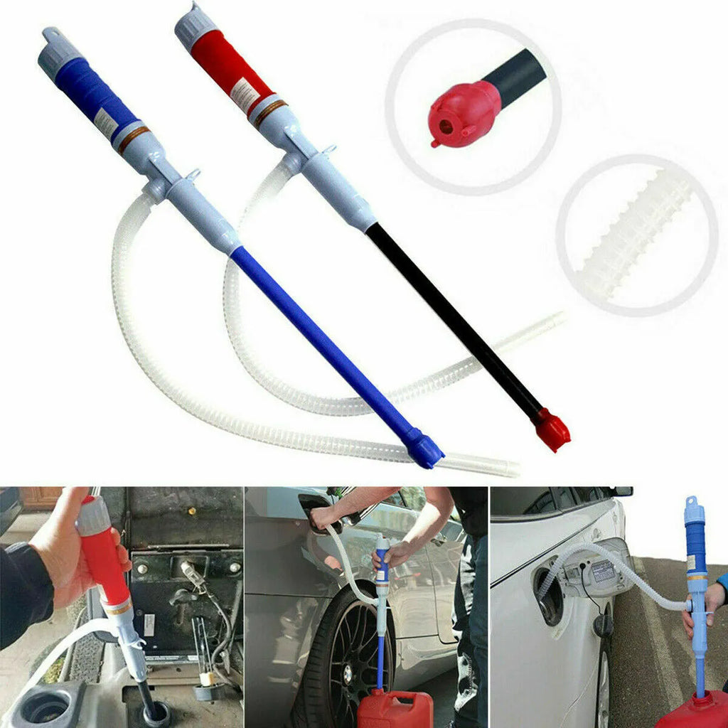 Manual hand pump siphon for fuel oil gasoline transfer in blue or red colours