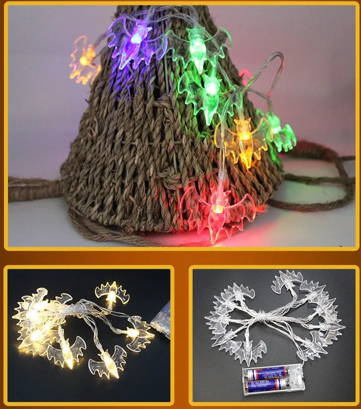 Halloween LED string lights with pumpkin, ghost, bat and spider pendants on a 1.2 metre battery-powered string