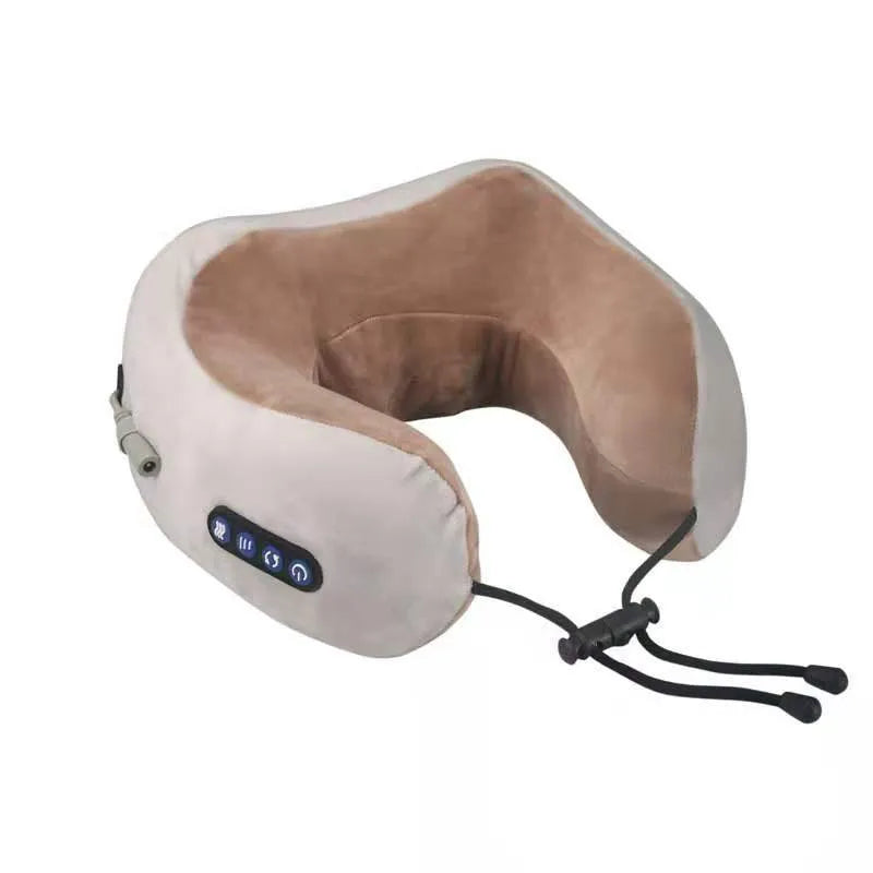 Brown U shaped electric neck massage pillow with USB charging cable