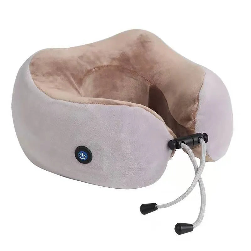 Brown U shaped electric neck massage pillow with USB charging cable
