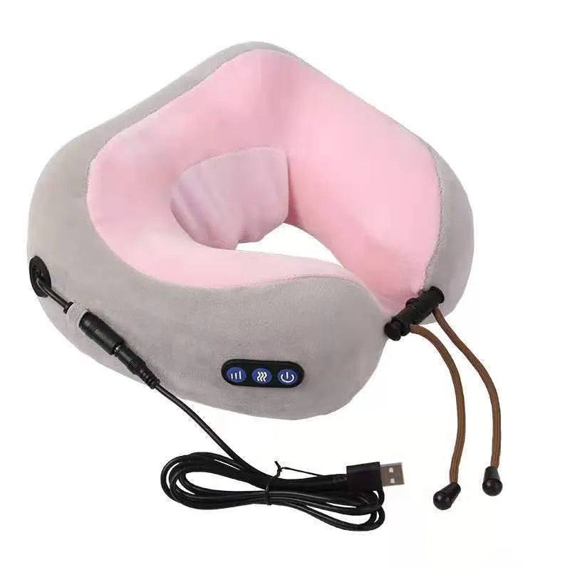 Brown U shaped electric neck massage pillow with USB charging cable
