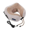 Brown U shaped electric neck massage pillow with USB charging cable