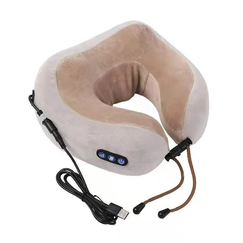 Brown U shaped electric neck massage pillow with USB charging cable