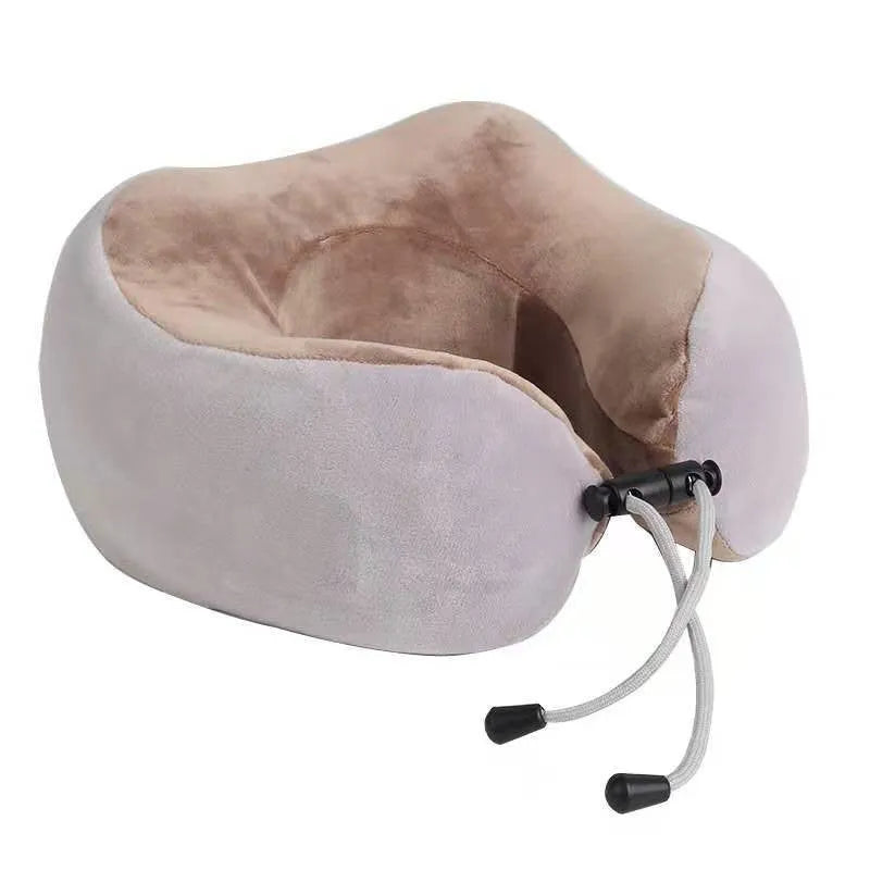 Brown U shaped electric neck massage pillow with USB charging cable