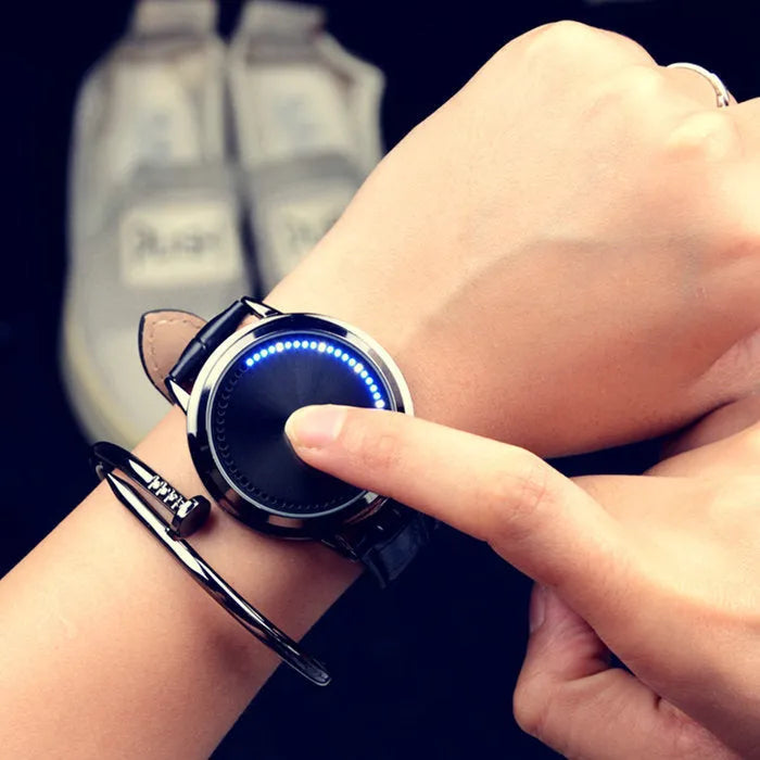Electronic digital watch with blue light display showing casual style design