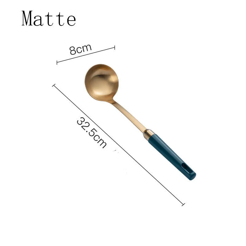 304 stainless steel kitchen utensils set with gold-plated hook frame, mirror polish finish, non-stick design