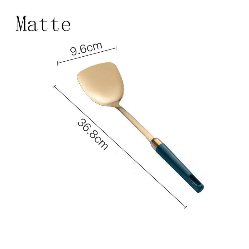 304 stainless steel kitchen utensils set with gold-plated hook frame, mirror polish finish, non-stick design
