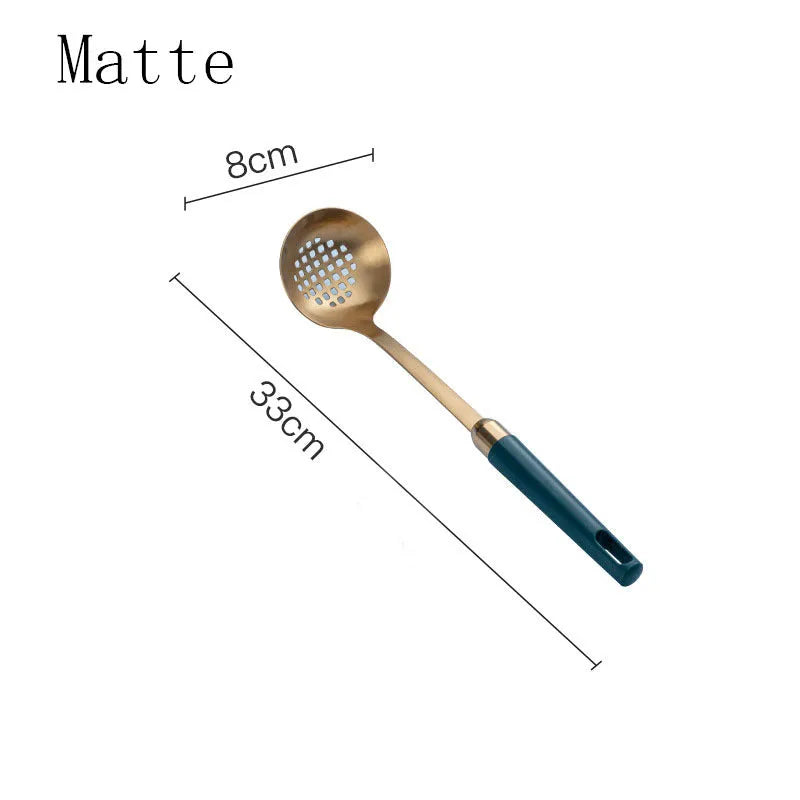 304 stainless steel kitchen utensils set with gold-plated hook frame, mirror polish finish, non-stick design