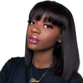 Black human hair wig with short to medium length style showing natural texture and machine construction