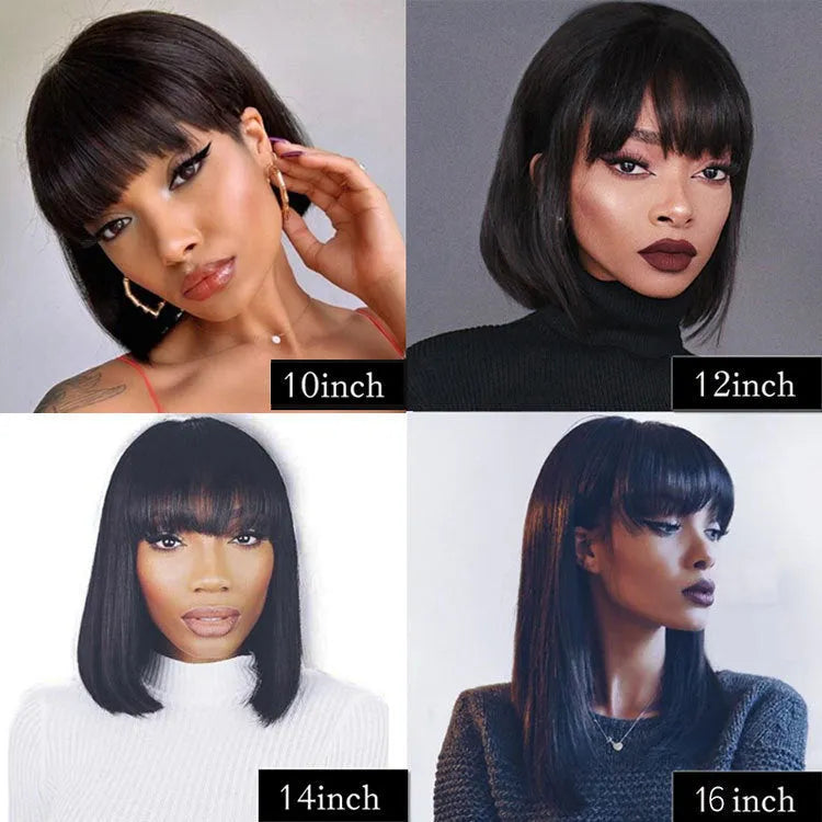 Black human hair wig with short to medium length style showing natural texture and machine construction