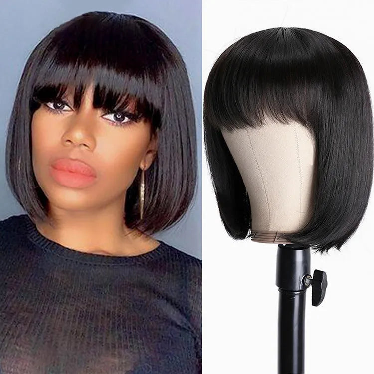 Black human hair wig with short to medium length style showing natural texture and machine construction