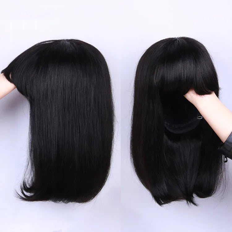Black human hair wig with short to medium length style showing natural texture and machine construction