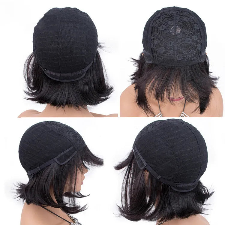 Black human hair wig with short to medium length style showing natural texture and machine construction