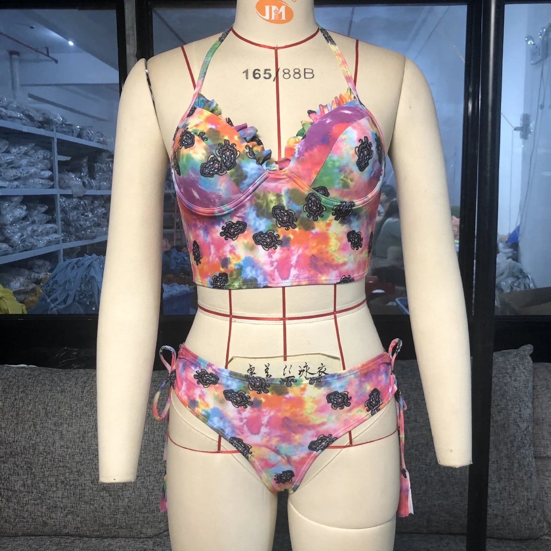 Pink gradient backless bikini swimsuit with chest pads on woman at beach
