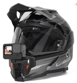 Black GoPro universal motorcycle helmet chin strap mount for sports cameras on a white background.