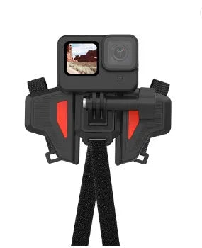 Black GoPro universal motorcycle helmet chin strap mount for sports cameras on a white background.