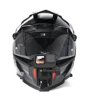 Black GoPro universal motorcycle helmet chin strap mount for sports cameras on a white background.