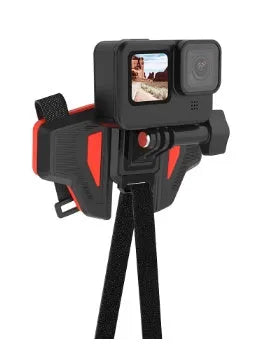 Black GoPro universal motorcycle helmet chin strap mount for sports cameras on a white background.