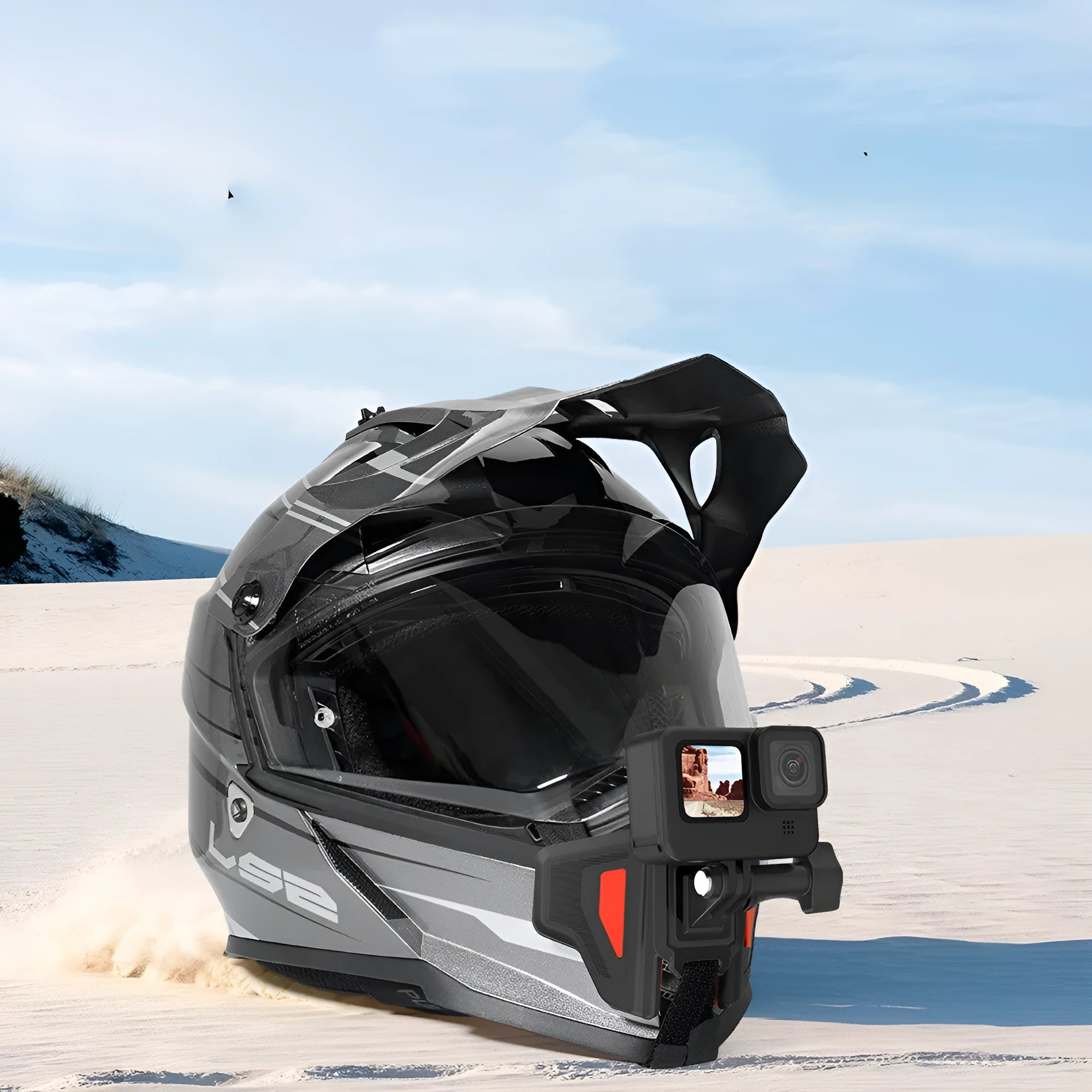 Black GoPro universal motorcycle helmet chin strap mount for sports cameras on a white background.