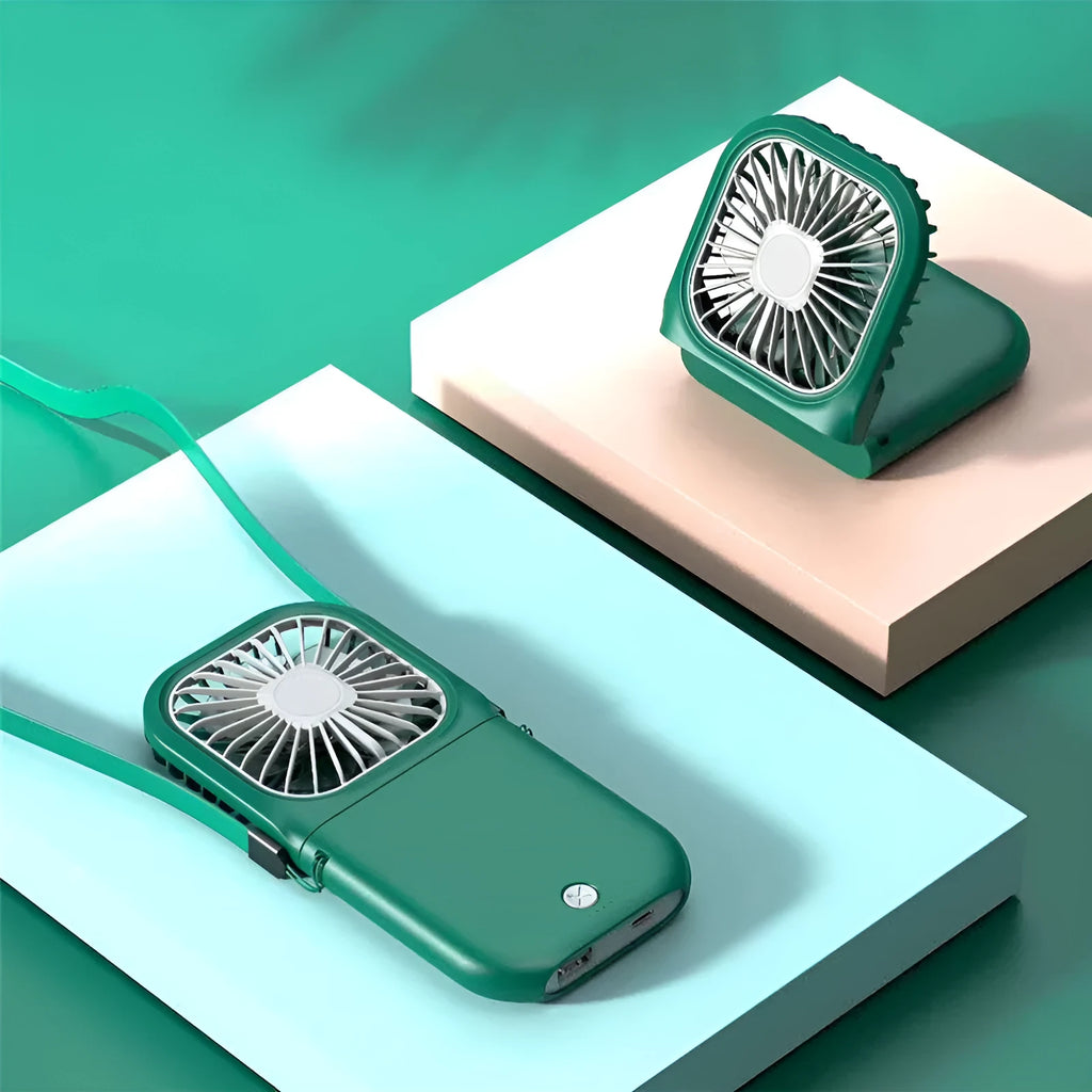 USB rechargeable hands-free neck fan with dual cooling fans in multiple colour options